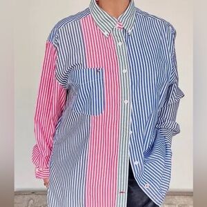 Tommy Hilfiger Vintage Mens Oxford Shirt | Stripe Collared Oversized Button Down